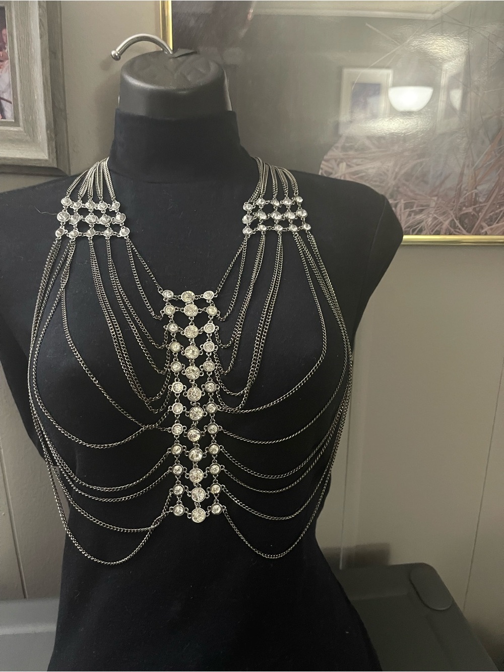 Bold silver tone statement necklace with rhinestones, unique